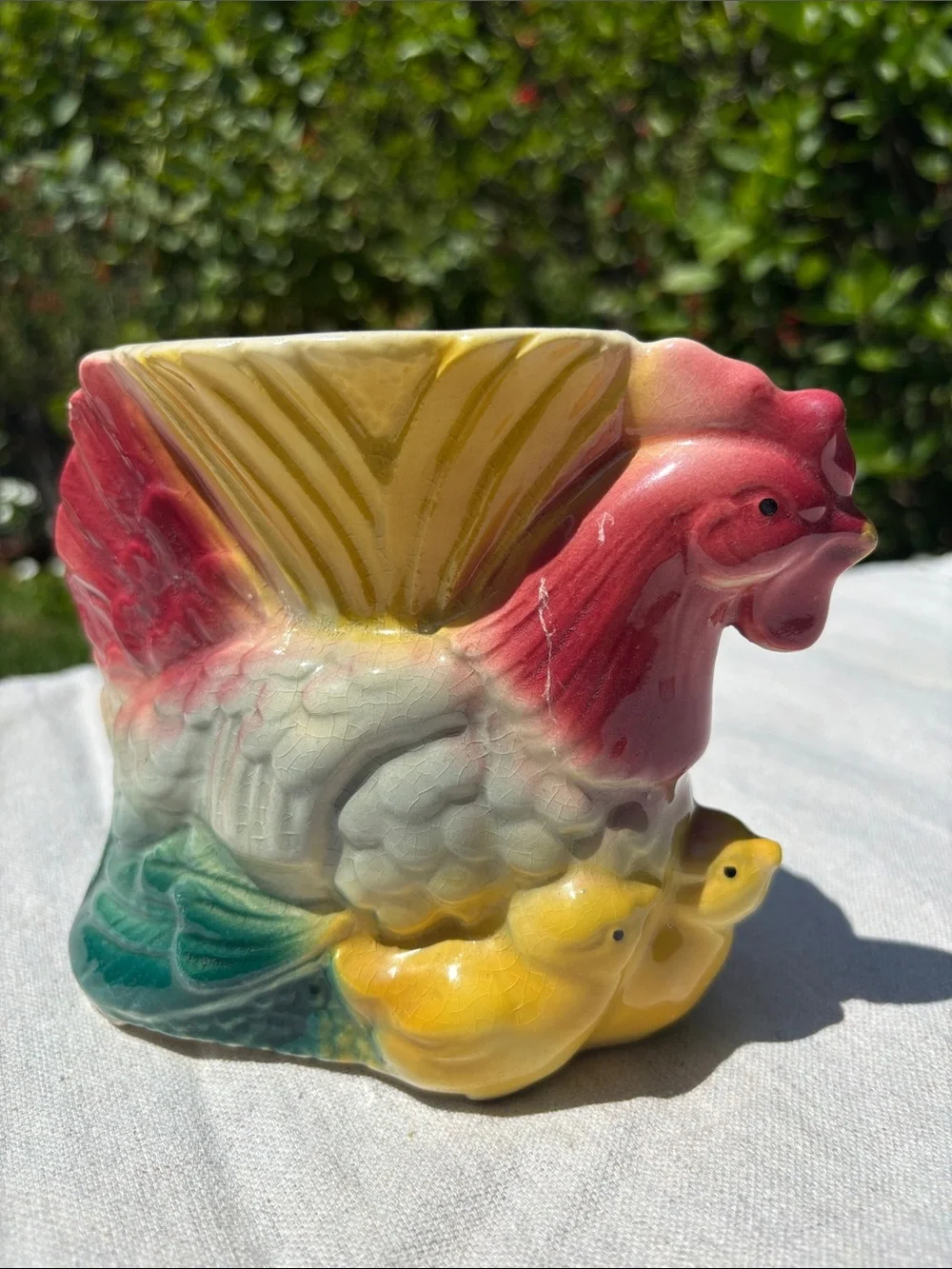 Vintage Hand-Painted Rooster Ceramic Vase in Red, Yellow & Green
